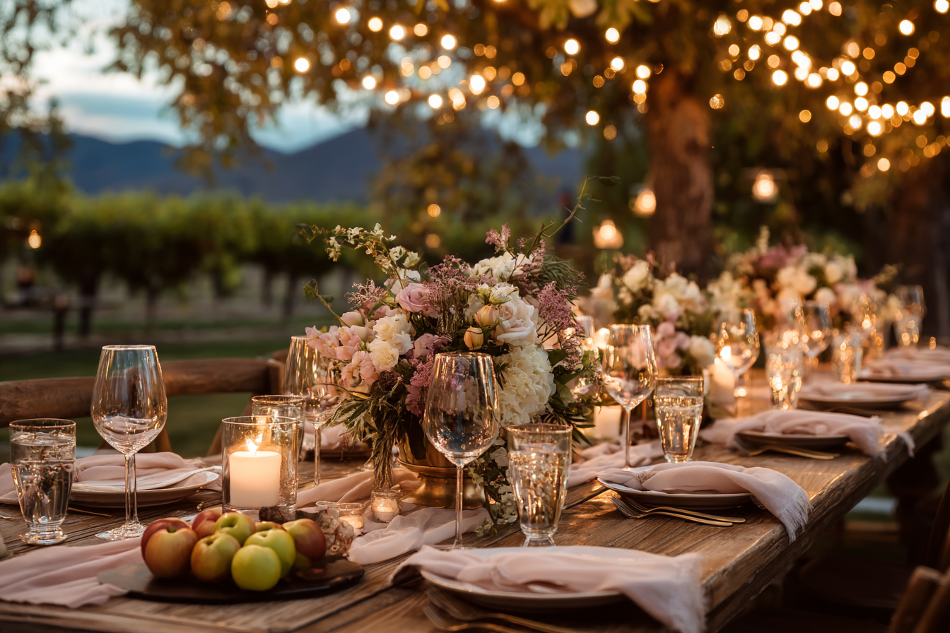 AI-generated concept of a dining table beneath warm string lights at dusk.
