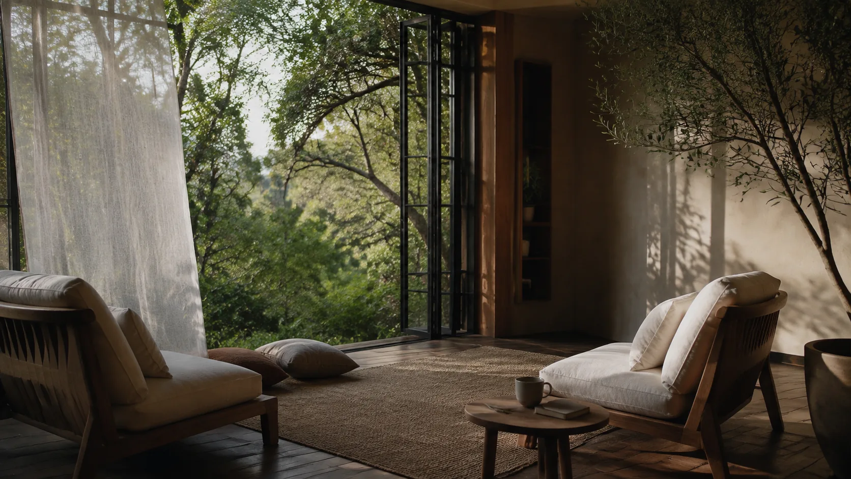 AI-generated concept of a quiet workplace retreat alcove with open windows, soft linen, lounge chairs, and surrounding greenery.